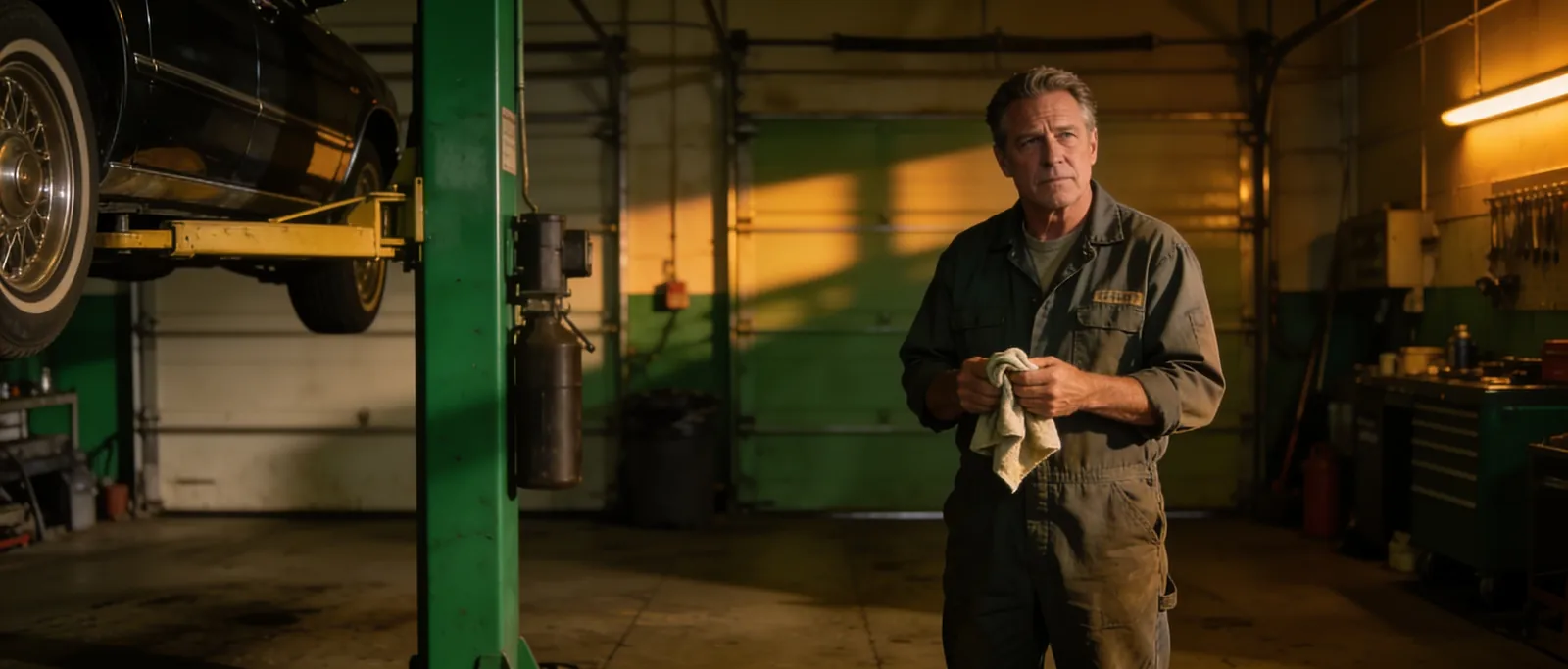 An auto repair shop owner in their service bay