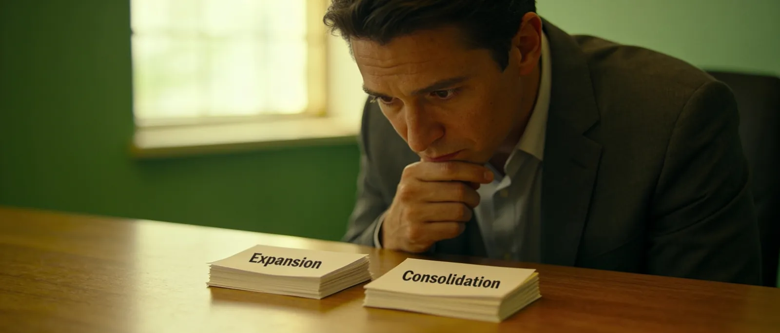 A business owner weighing two paths at a desk