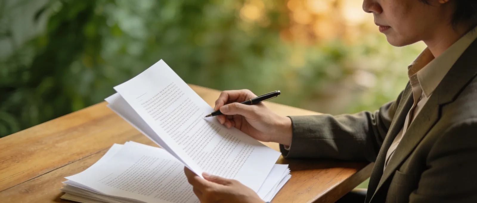 A business owner carefully reading a dense legal contract