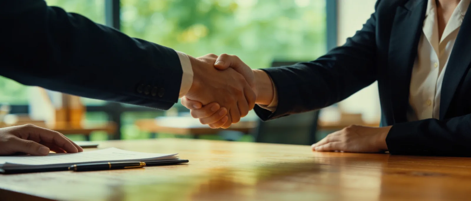 Two people shaking hands after reaching a settlement